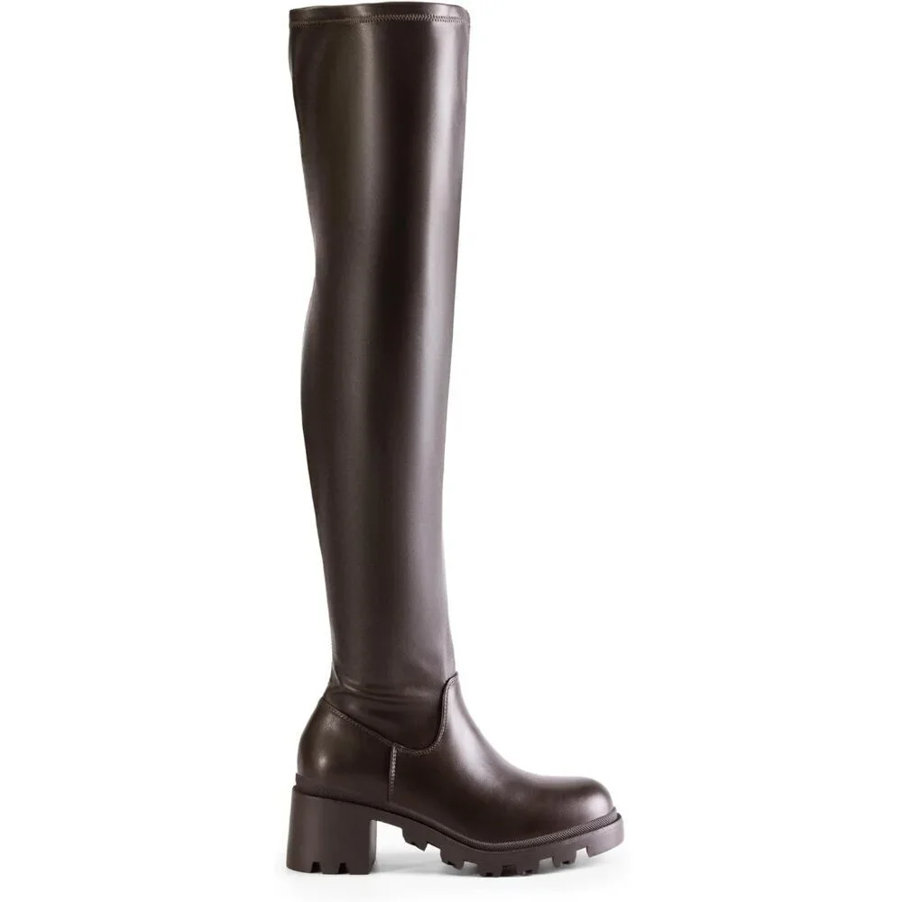 Women's Brown-pu Faux Leather Knee High Over The Knee High Chunky Heel Boots